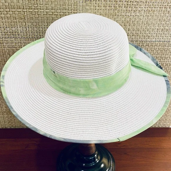 🌟HP🌟NWOT White & Lime Green Paper Straw Hat UPF 50+ by Sun N Sand Adjustable - Picture 7 of 9